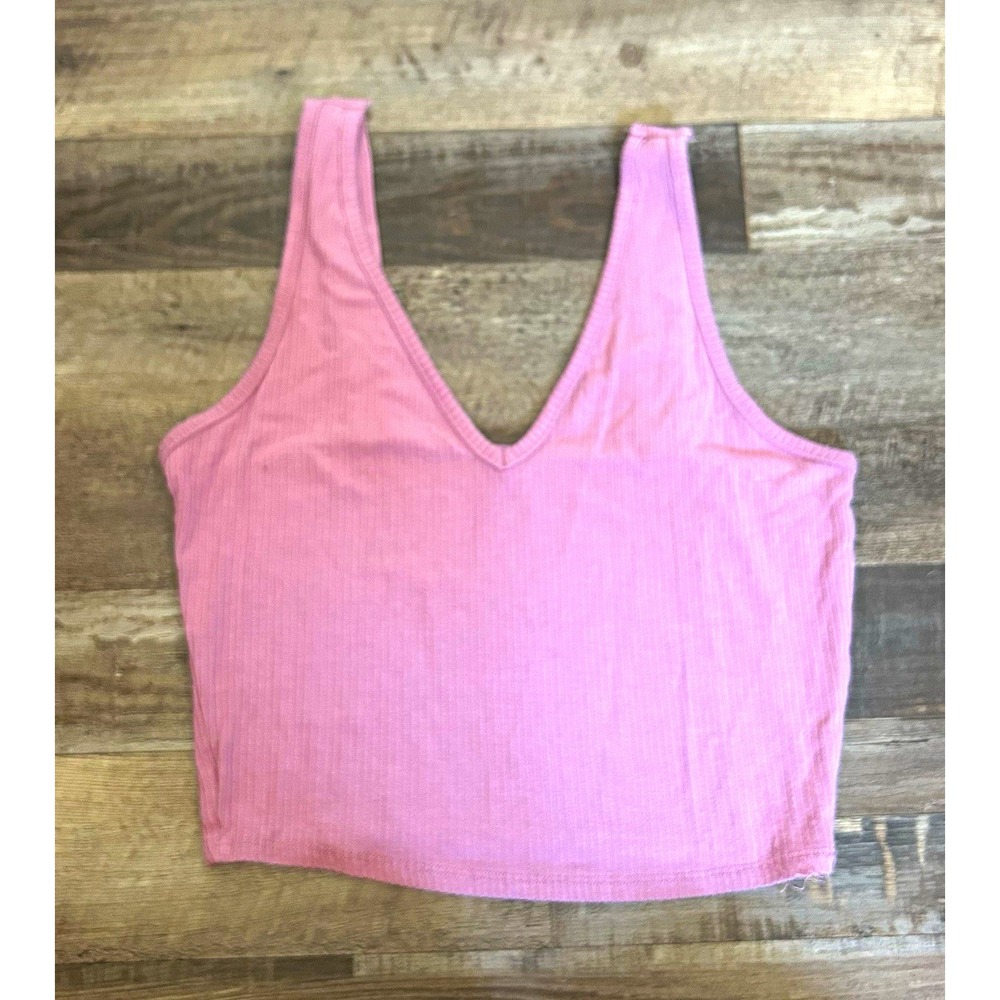 Bozzolo Pink Rib Knit Cropped Tank Top V-Neck Wide Strap Stretch L